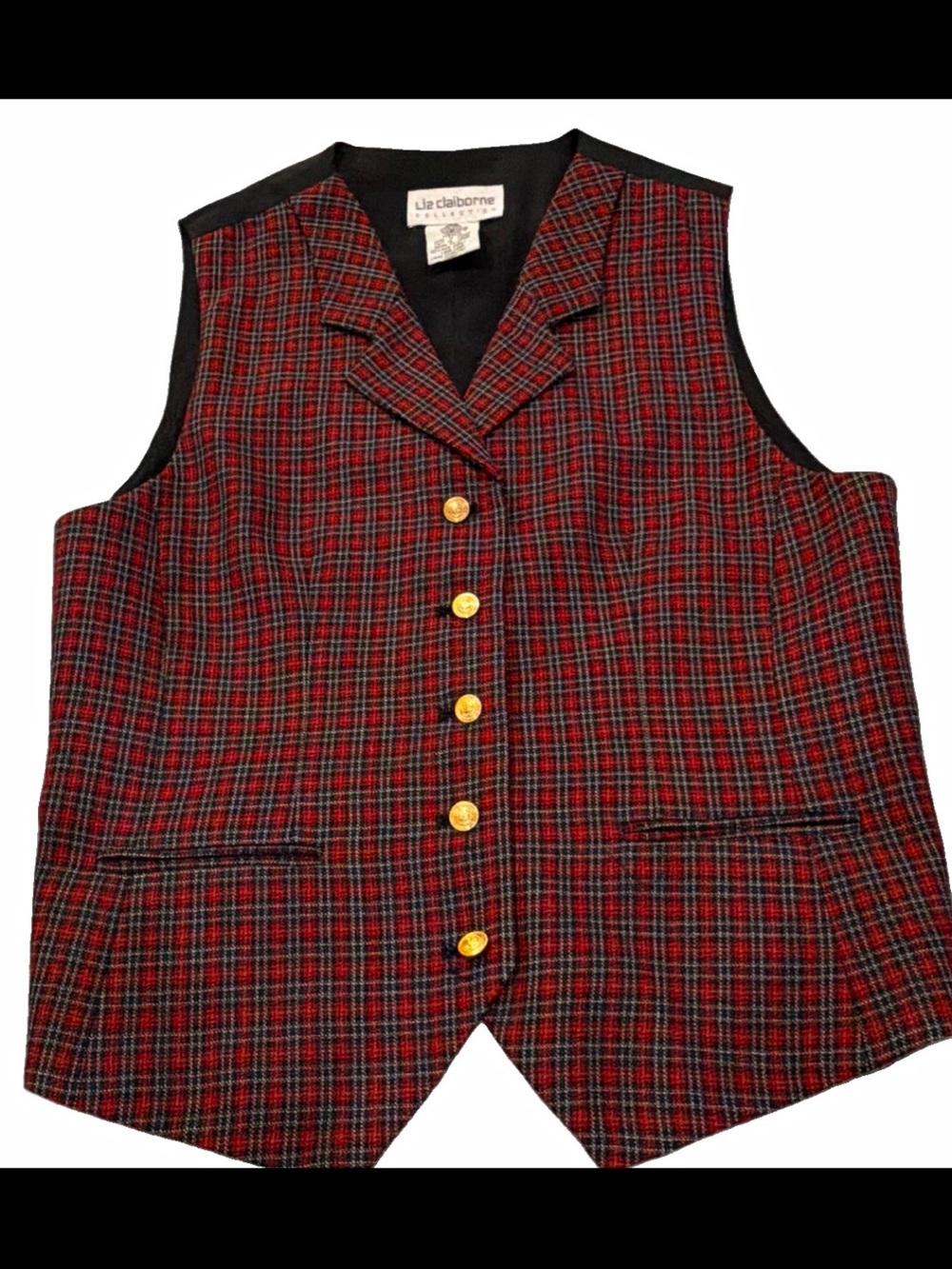 Liz Claiborne Red Plaid Vest with Gold-Tone Buttons Wool, Size 10